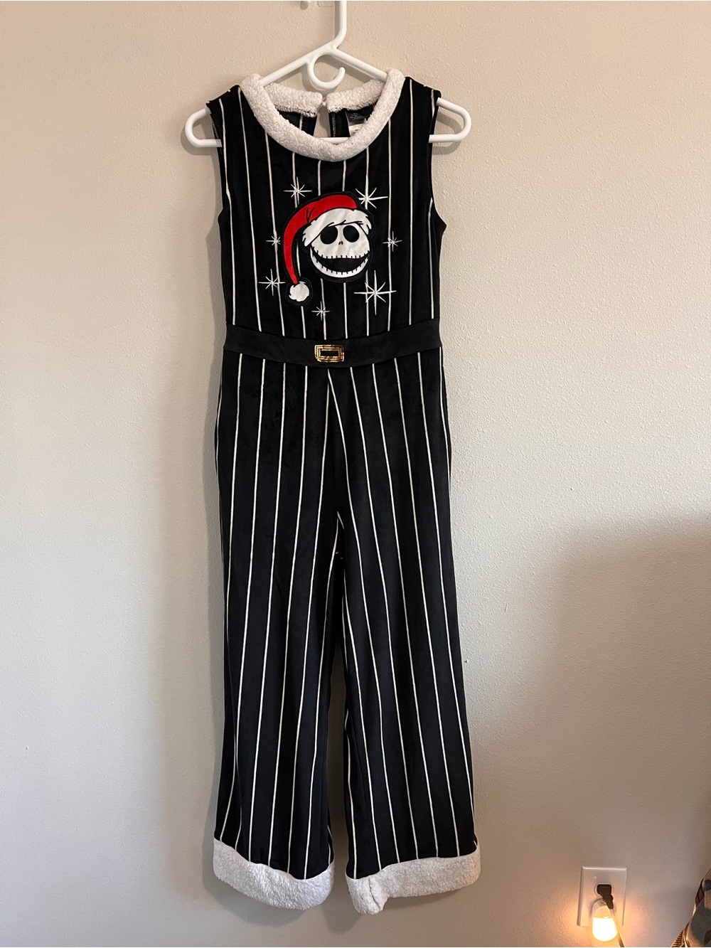 NBC Black & White Pinstripe Jumpsuit with Holiday Skull Detail